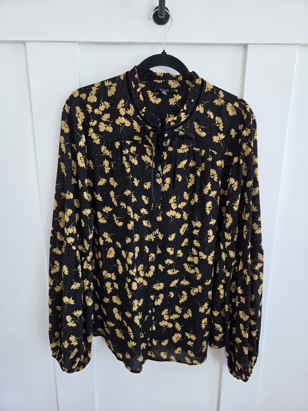 NYDJ Black Blouse with Yellow Floral Print and Tie Neck